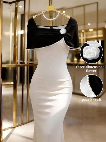 Franclia Women's Floral Decor Faux Pearl Elegant Waist Cinched Long Party Dress Elegant White Dress Summer Elegant Dress Elegant Midi Dress White And Black Dress White Mermaid Dress