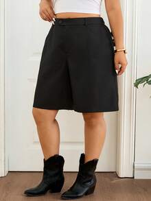Lounesse Quần short Bermuda đen cỡ lớn dành cho nữ, quần short đi làm đa năng thoải mái, quần short đen ống rộng cho nữ, quần short đen nữ. - màu đen - Xem 4