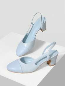 MOTF WOMEN SHOES NEW EUROPEAN AND AMERICAN STYLE SIDE AIR SPLICING ROUND TOE MEDIUM THICK HEEL SHOES, LIGHT BLUE VERSATILE COMFORTABLE CASUAL ELEGANT FASHION SLIP-ON CLASSIC HIGH HEELS - Light blue - View 1