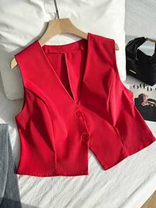 SHEIN EZwear 大码轻薄玫瑰红西装背心，适合毕业典礼、返校、秋冬季教师穿着，女士红色夏季上衣，红色背心，红色露脐上衣 - 紅色 - 查看 3