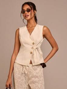 COSMINA Denim Women's Casual Smart Casual Sleeveless V-Neck Denim Shirt, Metal Button Decor, Waist Tie Denim Blouse, Cream White Summer Vacation Holiday Top - Apricot - View 4