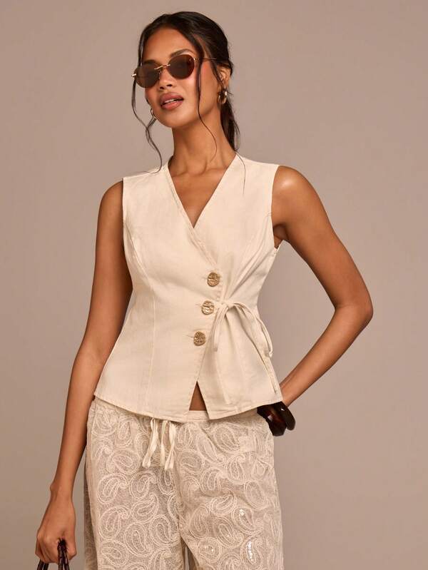 COSMINA 夏季女士休闲无袖纯色牛仔衬衫