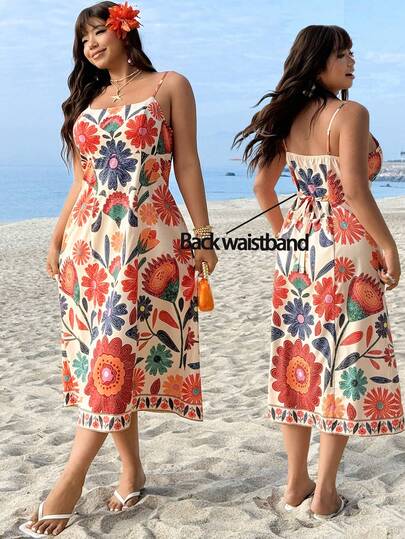 SHEIN EZwear Vestido sin mangas con estampado tropical de talla grande, primavera/verano