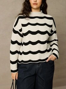 Juhart Áo len chui đầu họa tiết sóng cổ tròn tay raglan cỡ lớn cho nữ, mùa thu/đông - Màu be - Xem 4