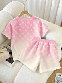 Resyla 渐变印花宽松版型常规肩部T恤和短裤套装 - 粉色 - 查看 2