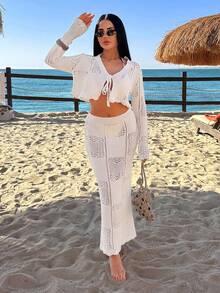 EURMUSE Open-Knit Lace Pattern Cardigan & Maxi Skirt Co-Ord Set - Apricot - View 5