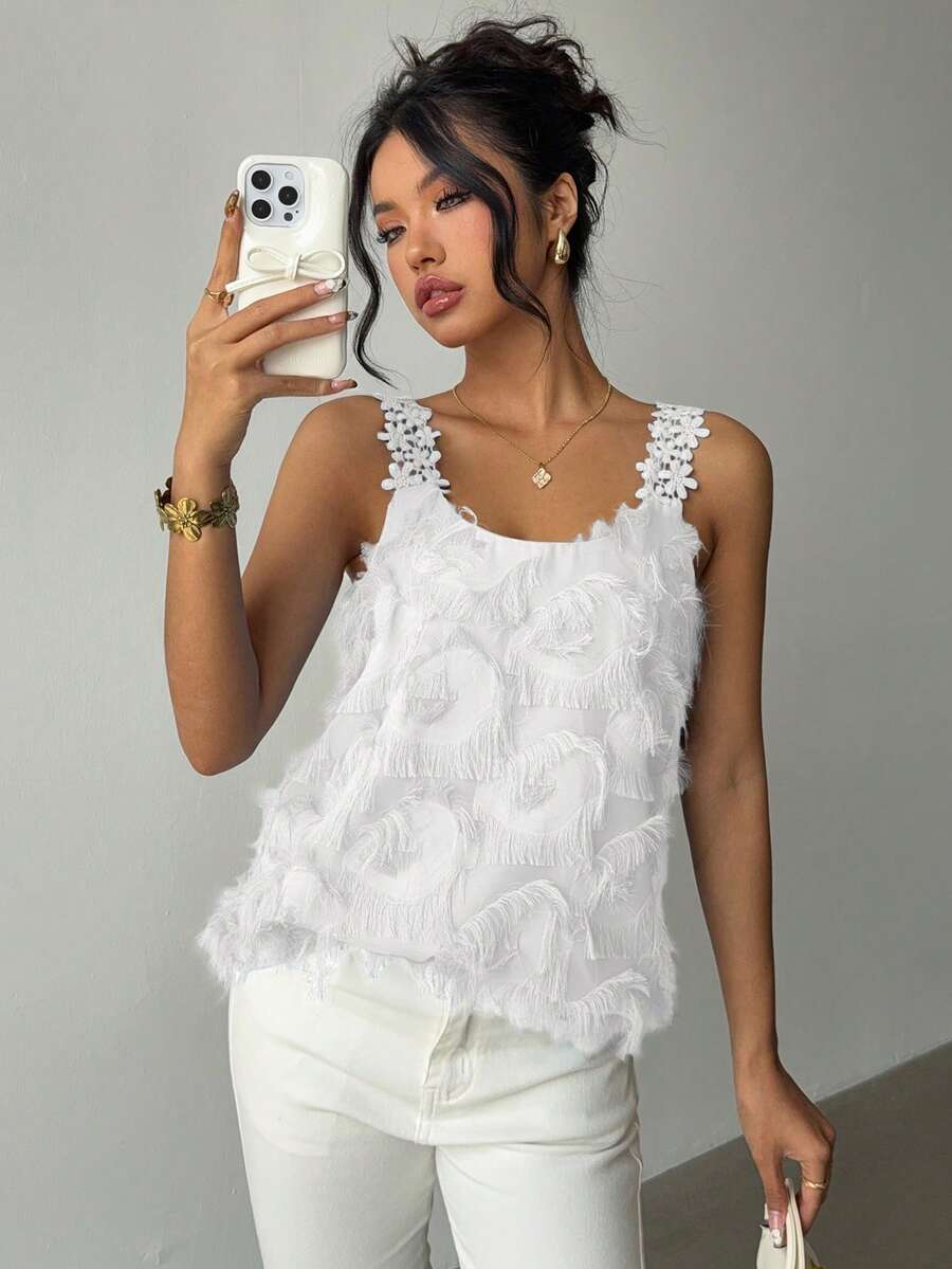 Rafferiza Áo không tay nữ màu trơn thanh lịch, kiểu dáng thường ngày, họa tiết hoa ren phối ren, chất liệu dệt nổi. - trắng - Xem 1