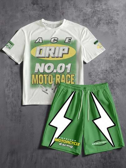 Manfinity ZONE917 Löst set med kortärmad t-shirt och shorts i kontrastfärg, sportig stil med Lightning Label-etikett nr 01, passar för sommaren, sportig stil, present till vänner