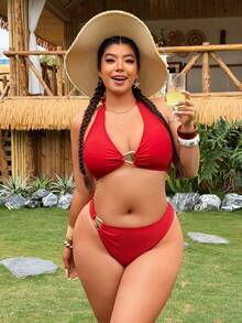 Swim SXY 2026新款红色性感吊带两件式比基尼套装，适合夏季度假、休闲、沙滩穿着 - 紅色 - 查看 3