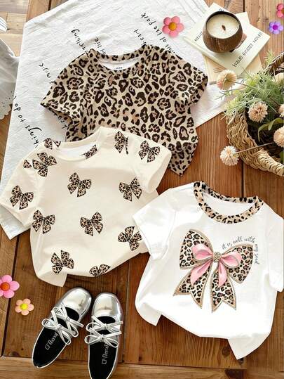 3件套女童休闲舒适时尚豹纹蝴蝶结装饰印花短袖圆领T恤，适合春夏外出穿着