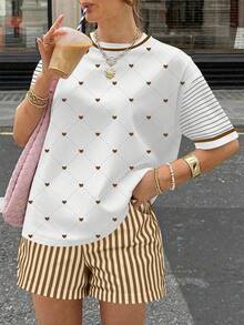 EMERY ROSE 2pcs/Set Heart & Diamond Print Striped Sleeve T-Shirt + Vertical Striped Shorts, Y2K Retro Style - Coffee Brown - View 5