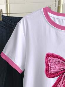 Resyla 大码女式拼接蝴蝶结印花圆领短袖休闲T恤 - 白色 - 查看 4