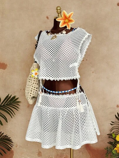 Sunspun Plus Size Sexy Hollow Out 2 Pieces Beach Vacation Set