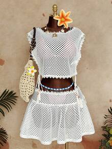 Sunspun Plus Size Sexy Hollow Out 2 Pieces Beach Vacation Set - Apricot - View 5