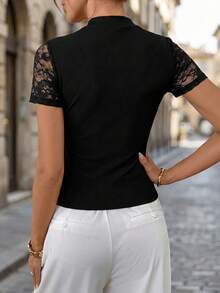 Editum Women's Elegant Sexy Lace Patchwork Blouse, Summer - Black and White - View 2