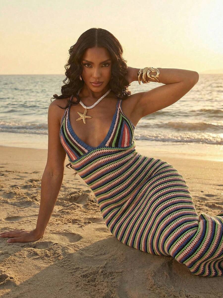 Silquee Women's Summer Vacation Beach Striped Spaghetti Strap Cover-Up Dress - Multicolor - View 1