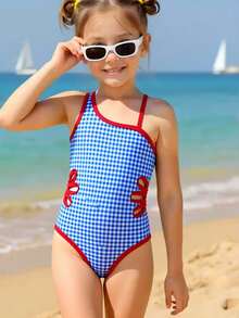 1pc Young Girls Blue & White Plaid Print With Red Trim One-Piece Swimsuit Summer Swimsuit Checkered Bathing Suit Kids Girls Checkered Swimsuit Girls Cherry Swimsuit Beachwear Kids One Piece Girls One Piece Swimsuit Blue Checkered Swimsuit Children One Piece Bathing Suit Girl Swimwear Kids Swimwear Girl One Piece Checkered Blue Red Swimsuit - Multicolor - View 1