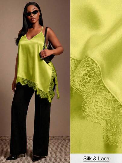 SHEIN SXY Plus Size Women Lace Patchwork Asymmetrical Hem Casual Versatile Daily Wear Camisole Top