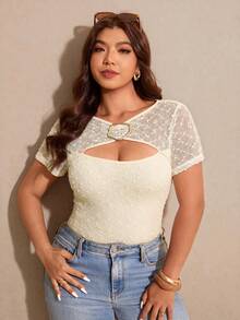 Elaquor 大码夏季休闲百搭金属扣杏色女式T恤 - 杏色 - 查看 5