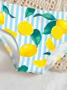 Young Girl Striped Lemon Print Bikini Top And Triangle Bottoms Casual Holiday Swimsuit Set - Multicolor - View 3