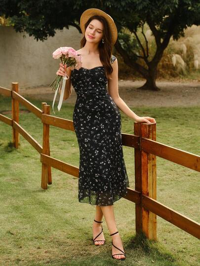 Vintamour Vintage Classic Elegant Women's Dress, Spring/Summer Fitted Floral Print Dress, Wide Strap Dress, Black Dress