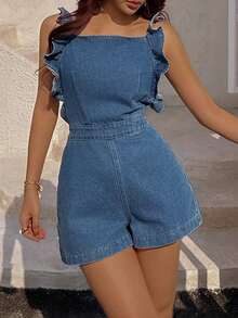 Sunnyshic Bow Tie Backless Ruffle Hem Denim Romper - Blue - View 6