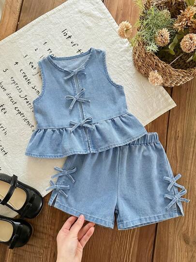 LMoss Kids 女婴蓝色牛仔短开衫上衣和短裤两件套