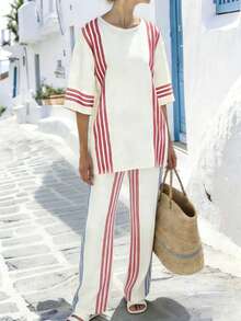 Breezaya 2pcs/Set Women Side Slit Crew Neck Striped Print Shirt And Pants Vacation Outfit White Striped Outfit 2 Piece Set Casual Wear Summer New Arrival - Apricot - View 3
