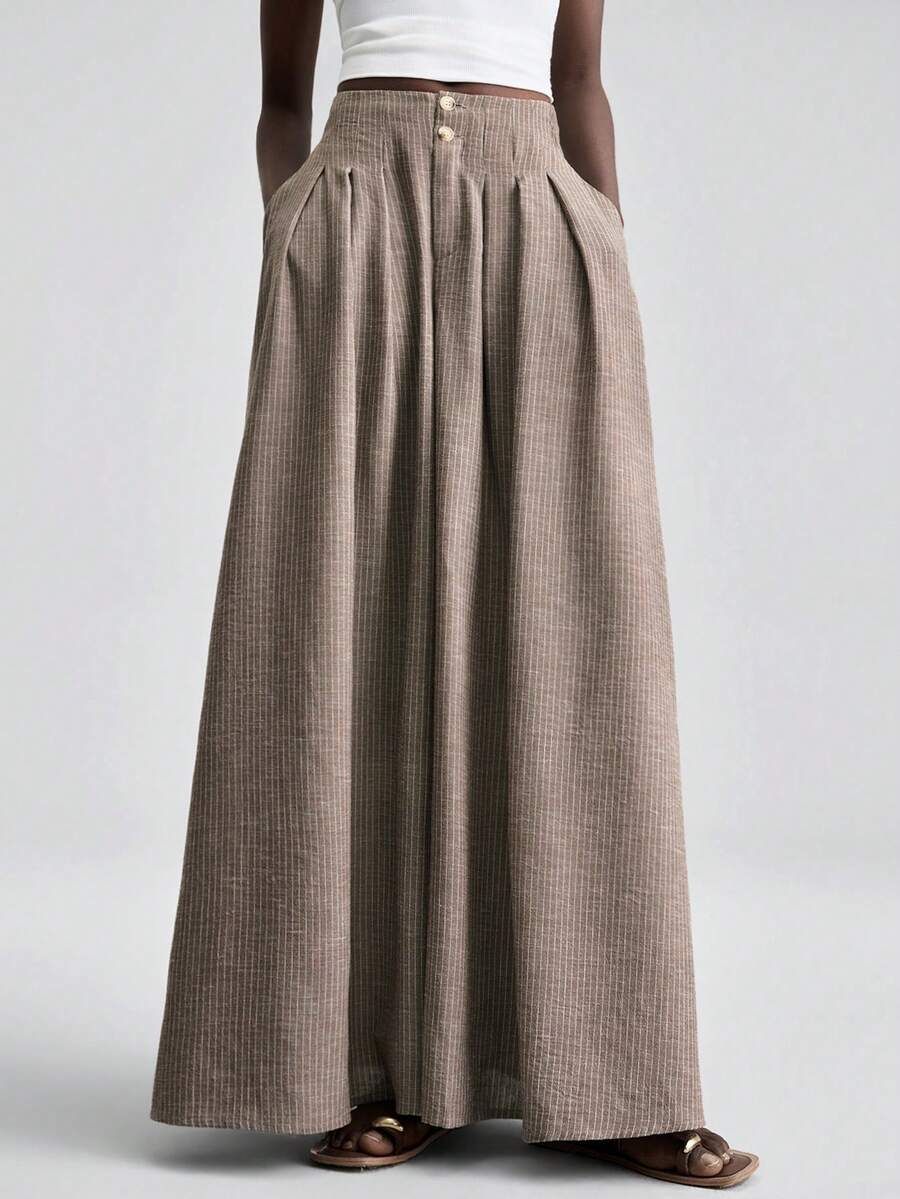 Ontre Women's Striped Button Casual Versatile Daily Wear Wide Leg Pants - Khaki - View 1