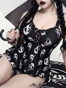 ROMWE Goth Conjunto de traje de baño de 2 piezas con estampado de calavera talla grande 2026, conjunto de vacaciones de verano para mujer - Blanco y Negro - Ver 6