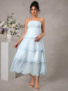 Momance 孕妇无肩带A字型层叠下摆长裙 - 淺藍色 - 查看 4