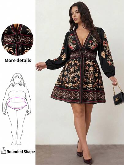 Enliva 秋季大码波西米亚花卉印花前系蝴蝶结 V 领长袖短款休闲女式连衣裙