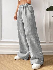 Enliva Plus Size Women Striped Print Applique Woven Elastic Waist Casual Pants Women Clothing,Business Casual Woman, Wearable In All Seasons Valentine's Day Outfit, For Apple And Rounded Body Shape - Black and White - View 4