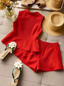 Elenzga 大码女士优雅面料夏季背心套装短裤两件套，开襟设计，蝴蝶结装饰，纯色纽扣，修身短裤，适合毕业典礼、节日、情人节、音乐节、母亲节、万圣节、感恩节、复活节、国庆节、晚会、约会、派对、婚礼、户外活动等场合。 - 紅色 - 查看 3