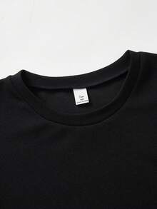 SHEIN 青少年/女孩夏季休闲黑色圆领短袖拼接缎带装饰修身连衣裙，娇小款 - 咖啡棕 - 查看 8