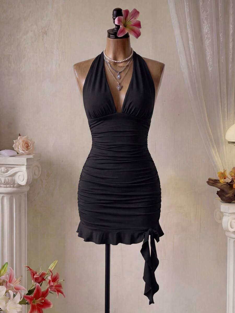 Femesol Black Halter Neck Ruched Bodycon Mini Dress With Ruffle Hem Sleeve Less Sexy Knitted Fabric Women Mini Dresses - Black - View 1