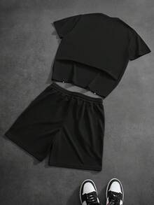 PAVTROS 男士字母印花圆领短袖T恤搭配抽绳短裤，休闲日常穿搭 - 彩色 - 查看 4