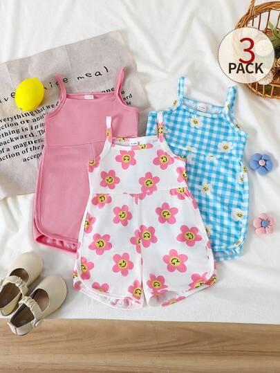 SHEIN paquete de 3 peleles para bebé niña recién nacida, en blanco, rosa y estampado floral de rayas de colores, sin mangas, cómodos y casuales para uso diario, versátiles y lindos, aptos para todas las ocasiones