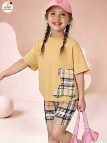 Young Girl Cute Bear Print Short Sleeve Top And Plaid Leggings 2-Piece Set,Summer,Career Day,Back-To-School,Sports Knit Crew Neck Casual School Style - Multicolor - View 3
