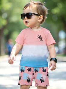 Playful Pals 两件套幼儿男童休闲椰树渐变色印花短袖T恤和短裤，舒适百搭，适合春、夏、秋季日常穿着。 - 彩色 - 查看 3