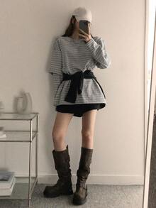 DAZY 女士圆领条纹休闲百搭日常长袖T恤宽松款 - 灰色 - 查看 3