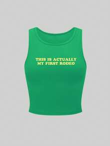 Olithes Áo tank top nữ in khẩu hiệu phong cách thường ngày, thích hợp cho mùa hè. - màu xanh lá - Xem 1
