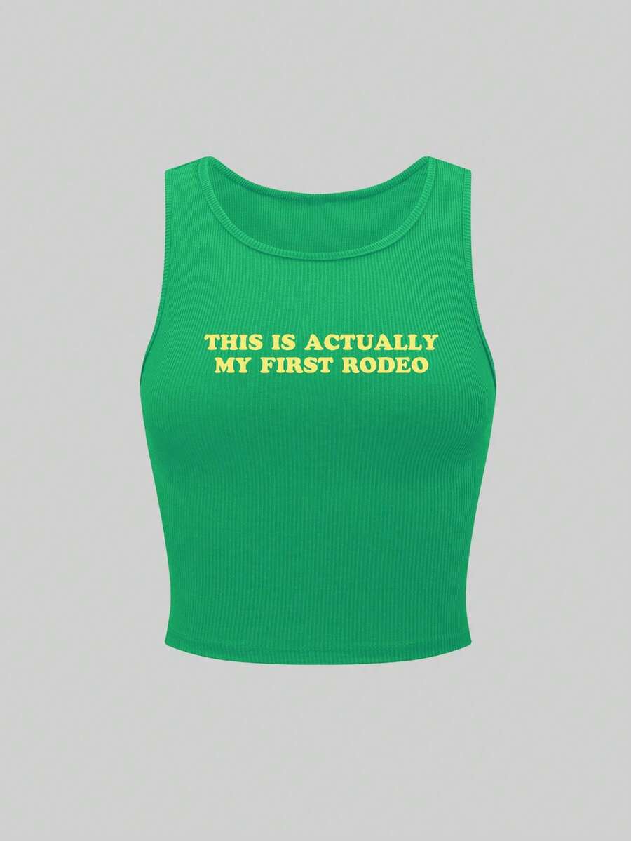 Olithes Áo tank top nữ in khẩu hiệu phong cách thường ngày, thích hợp cho mùa hè. - màu xanh lá - Xem 1