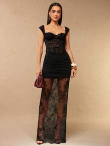 Silquee 女士夏季纯色撞色蕾丝透视A字裙 - 黑色 - 查看 3