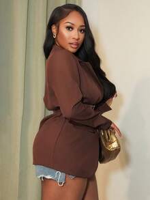 Chea Andrea 女士优雅通勤 PU 拼接腰部收紧宽松西装外套，棕色 - 棕色 - 查看 5