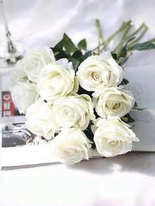 1pc/ 6pcs/ 10pcs Artificial Silk Roses Flowers Realistic Long Stem Fake Rose Bouquet For Home Wedding Party Mother Day Valentine Table Centerpiece DIY Arrangement - White - View 2