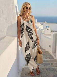 Faunlyn Mono ancho de pierna casual con estampado de hojas y bolsillos para mujer, versátil para vacaciones y viajes de primavera/verano - Multicolor - Ver 2