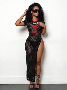 SHEIN BamGlam Women's Knitted Lace Netted T-Shirt, Contrasting V-Neck With A Digital 3 Patch Pattern Knitted Lace T-Shirt, High Slit Design, Long And Irregular Design T-Shirt - Black - View 4