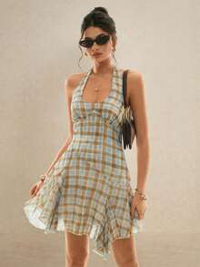 Poéselle 女士格子露背系带连衣裙 - 藍色 - 查看 7