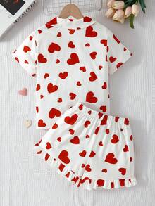 SHEIN 少女纯色爱心图案 Polo 领开衫和针织休闲短裤两件套家居服 - 白色 - 查看 2
